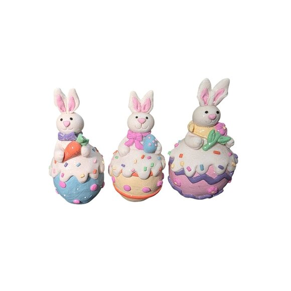 3 Sugared Glitter Bunny Rabbits Easter Eggs Decor Figurine - Picture 1 of 10
